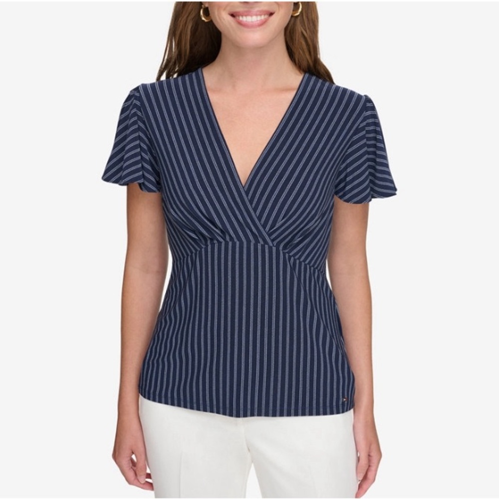 Tommy Hilfiger Striped Faux Wrap Top | Short Sleeve V-Neck | Women’s Blouse